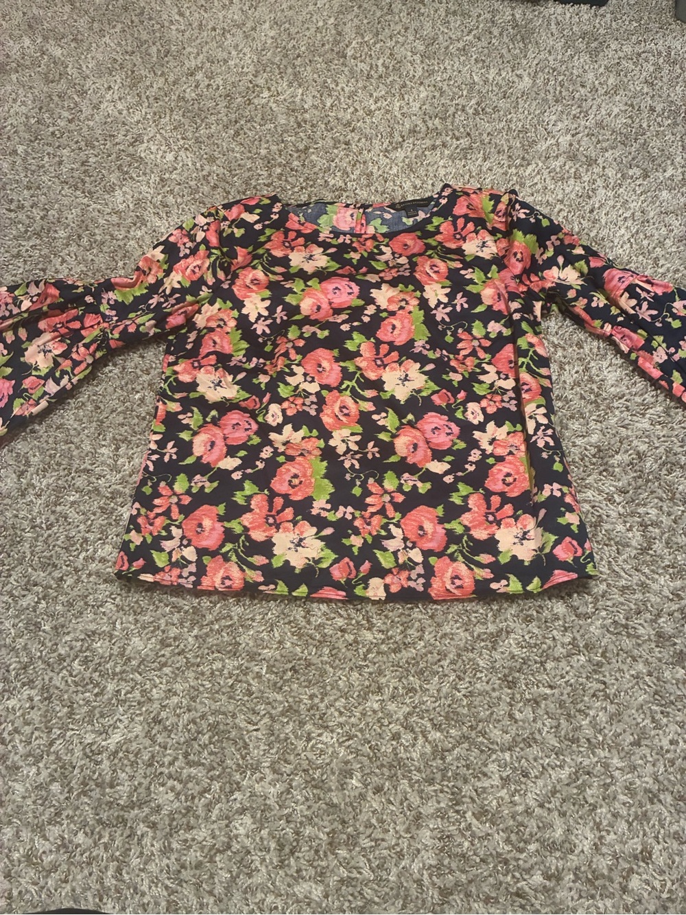 Brooks Brothers Black Floral Long-Sleeve Blouse with Pink and Green Accents